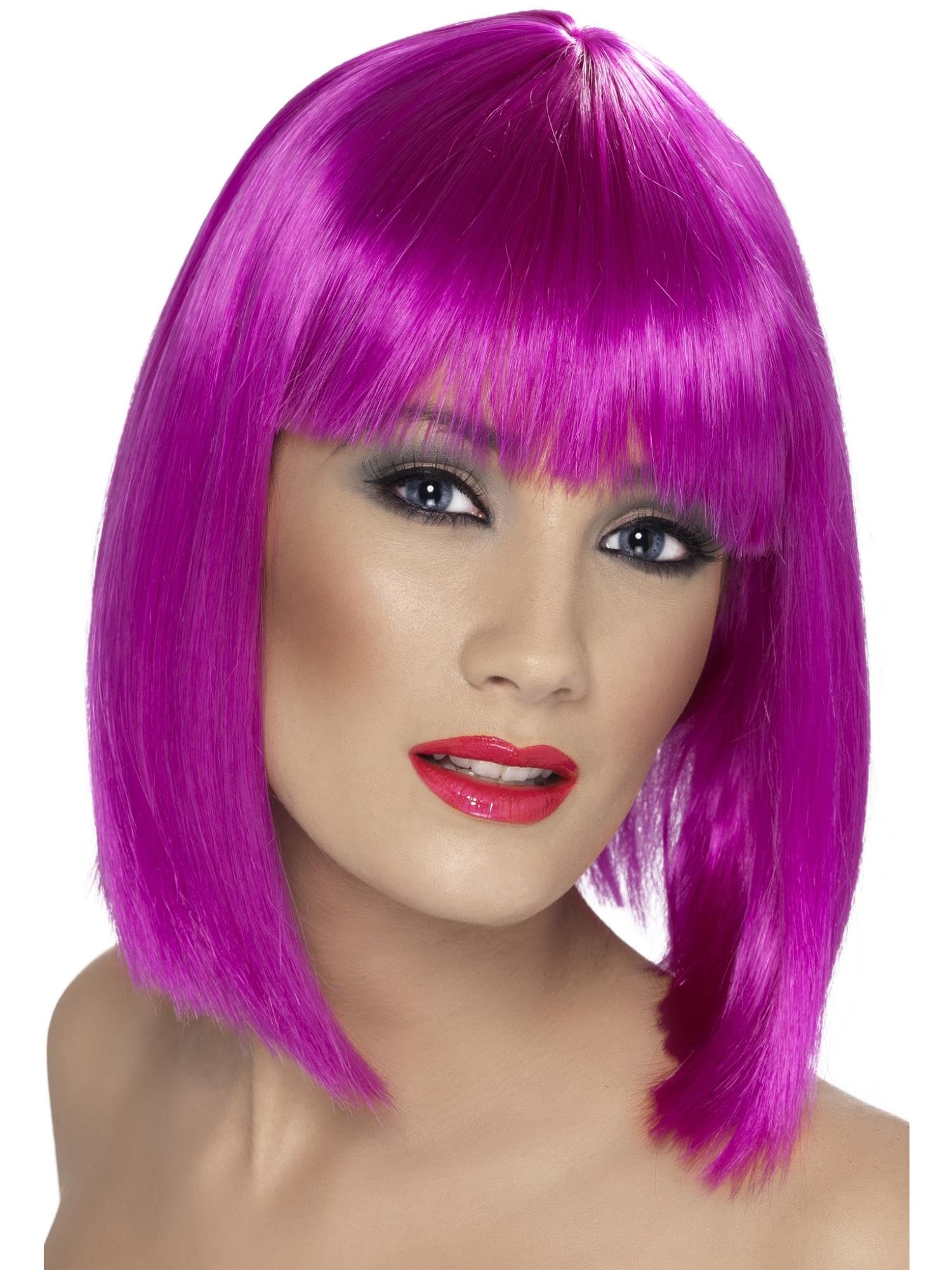 Smiffys Glam Wig, Neon Purple Short, Blunt with Fringe, Ladies Glamour Wigs Fancy Dress, Adult Dress Up Wigs