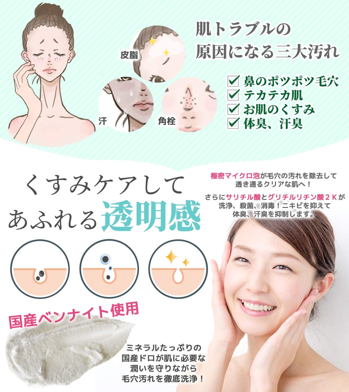 Amazon Star S クレイ 泥 洗顔 オーガニック 毛穴 黒ずみ 開き ザラ付き 用 泡 ネット 付き 40種類の植物エキス 16種類の美容成分 9つの無添加 透明感 柔肌 130g Clay Star S 液体 クリーム洗顔料 通販