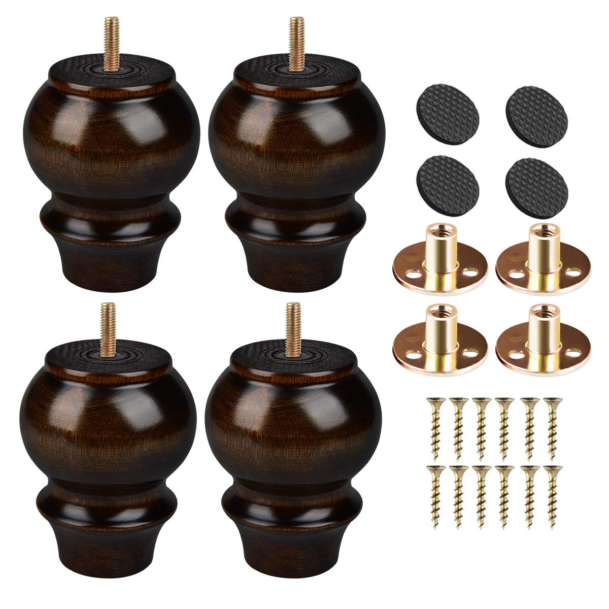 Btowin 4 inch Solid Wood Furniture Legs, 4Pcs Sofa Legs Wooden Bun Feet with Threaded M8 Hanger Bolts & Mounting Plate & Screws for Sofa Cabinet Bed Wardrobe Closet