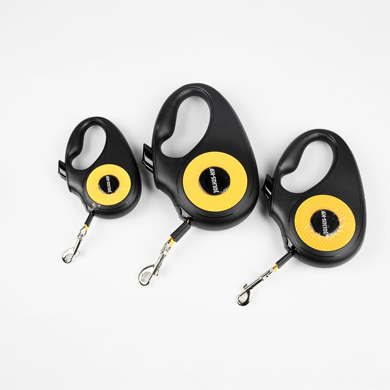 Trela retrátil para cães, fita S - 5 m, Preto/Laranja – Pega antiderrapante, trela de fita, extensível, travão com uma mão, pausa, fechadura, fita refletora, livre de emaranhados, serviço pesado