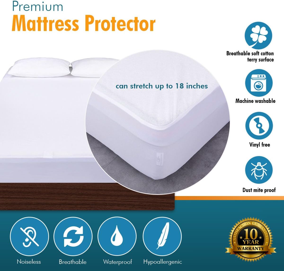 PlushDeluxe Premium Mattress Protector, Waterproof & Hypoallergenic Mattress Cover, Breathable & Without Vinyl Soft Cotton Terry Surface: Home & Kitchen