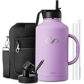64oz Insulated Water Bottle with Handle, INSPI Half Gallon Stainless Steel Water Bottles, Travel Flask with Straw Spout Lid and Carry Pouch, Mug Tumbler Cup, Keep Cold Hot, Purple