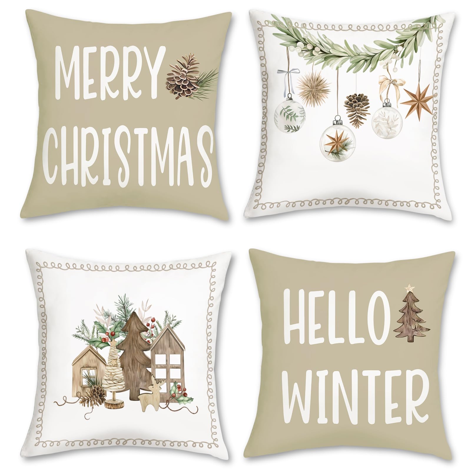 Bonhause Hello Winter Cushion Covers 45 x 45 cm Christmas Trees Balls Pine Leaves Cones Decorative Throw Pillow Covers for Sofa Couch Bed Home Xmas Holiday Decor Set of 4