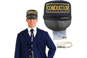 Nicky Bigs Novelties Adult Deluxe Navy Train Conductor Hat and Train Whisle - Express Locomotive Engineer Hat - Conductor Costume Accessory Costume Cosplay Navy Blue Gold, One Size Fits All Adjustable