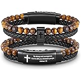 FLHEART Men's Christian Cross Black Leather Bracelet Gifts for Men, Double-Row Braided Leather Cross Bracelet Bible Verse Agate Onyx Beaded Bangle Gifts for Son Grandson Husband Boyfriend Brother