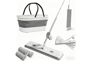 Mop and Bucket Set with Wringer, Flat Mops for Floor Cleaning, Wall Mop Cleaner with Long Handle, Hardwood Floor with 4 Micro