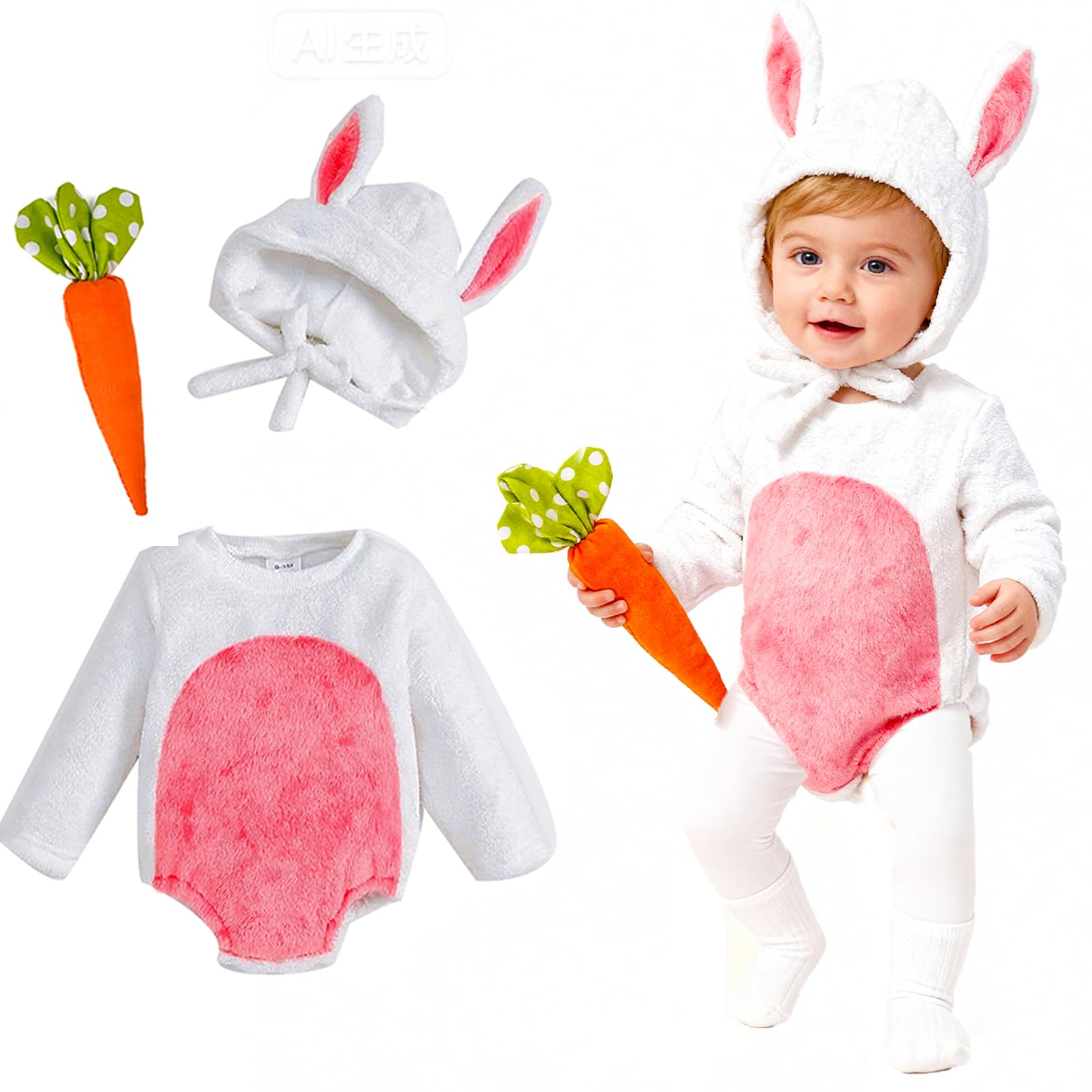 Beipegin Newborn Infant Girls Boys Bunny Costume Romper Long Sleeve Bunny Bodysuit Onesie and Rabbit Hat Carrot Toy Baby Animal Costume
