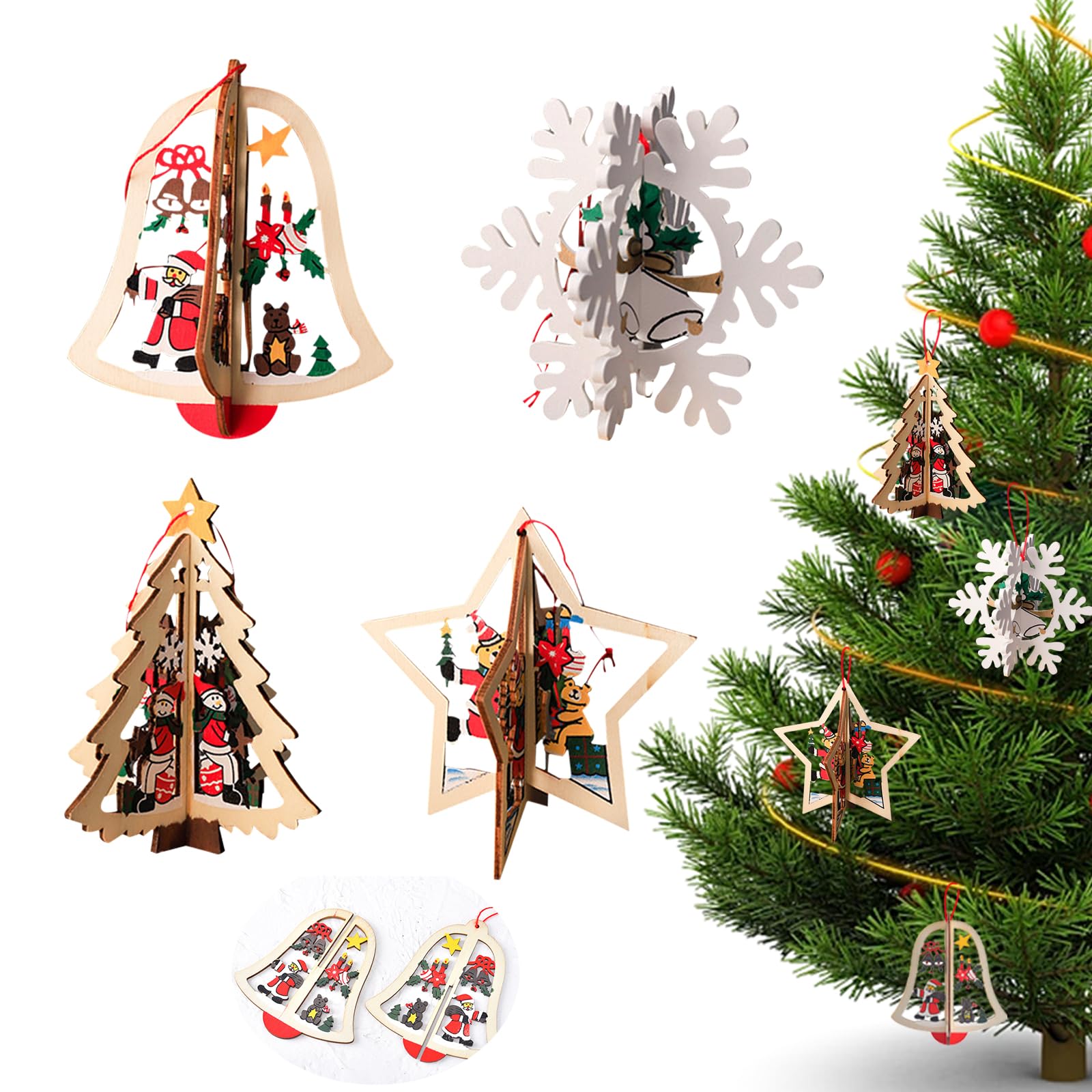 KASESSS 4 Pcs Christmas Tree Decorations, 3D Christmas Decorations, Xmas Wooden Pendants, Bells Pentagram Snowflake Christmas Tree Hanging Ornaments Baubles Indoor for Home Office Winter Decor