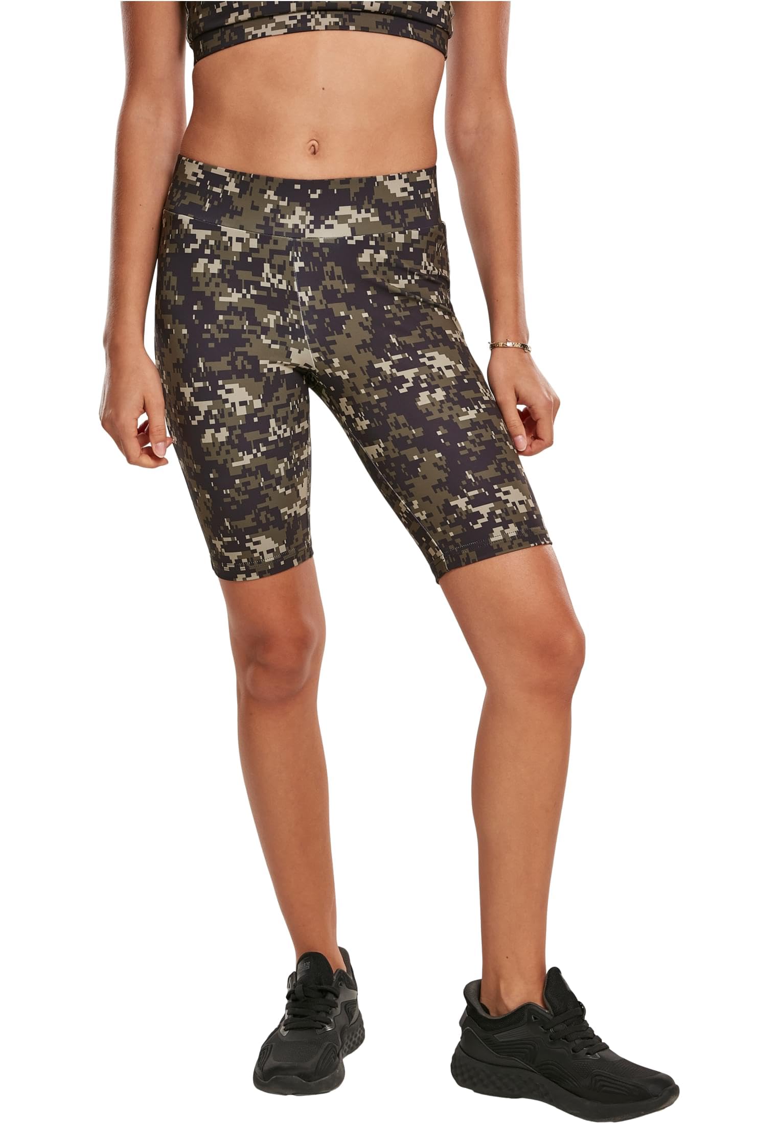Urban Classics Women's Cycling Shorts Ladies High Waist Camo Tech Cycle Shorts Knee Length Leggings for Women Sizes XS - 5XL, Wood Digital Camo, L Slim