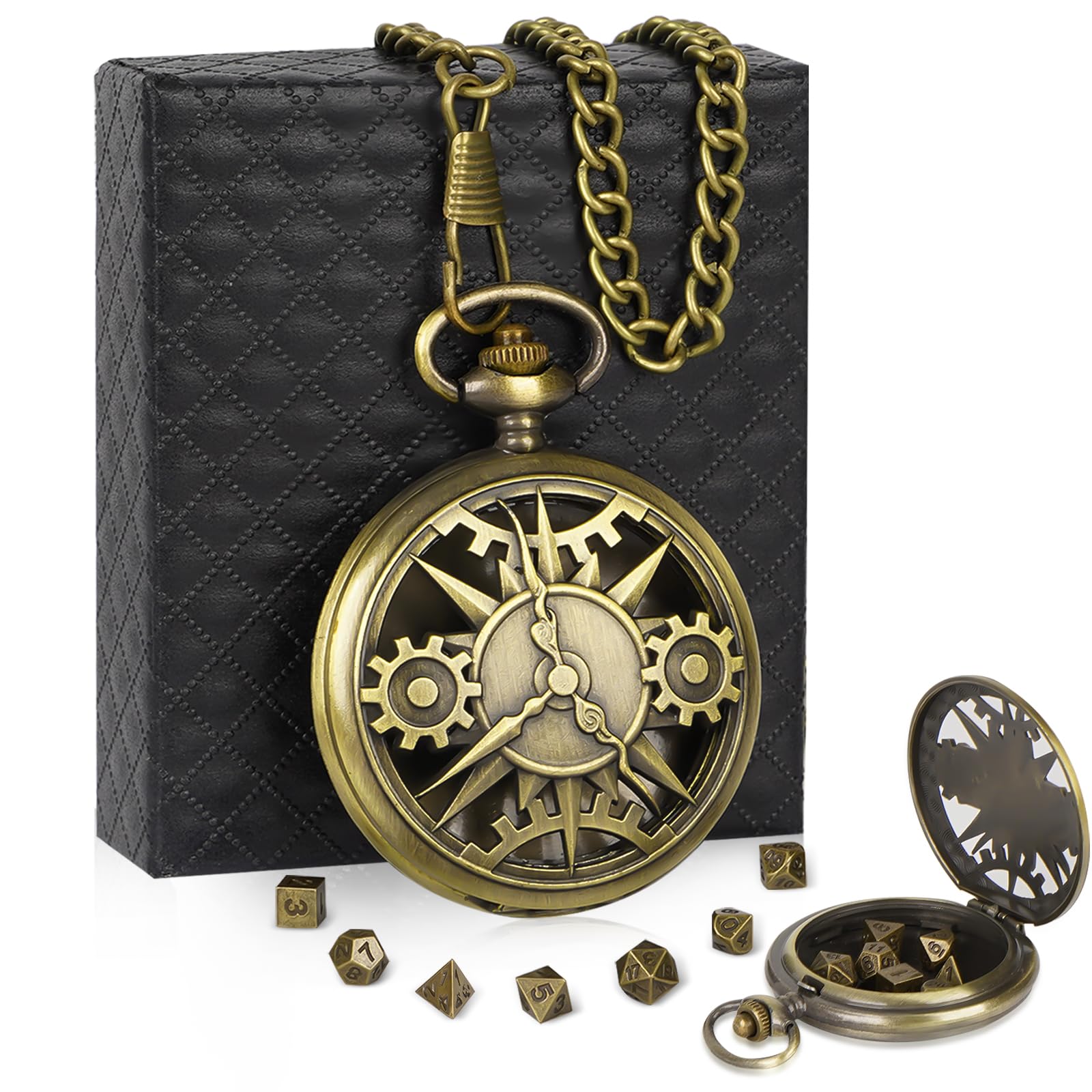 DND Dice Set, 7Pcs Mini D&d Dice with Bronze Steampunk Gear Pocket Watch Shell Case, Polyhedral & RPG Dice Metal For Role Playing Table Game Dungeon and Dragons MTG RPG D20 D12 D10 D% D8 D6 D4