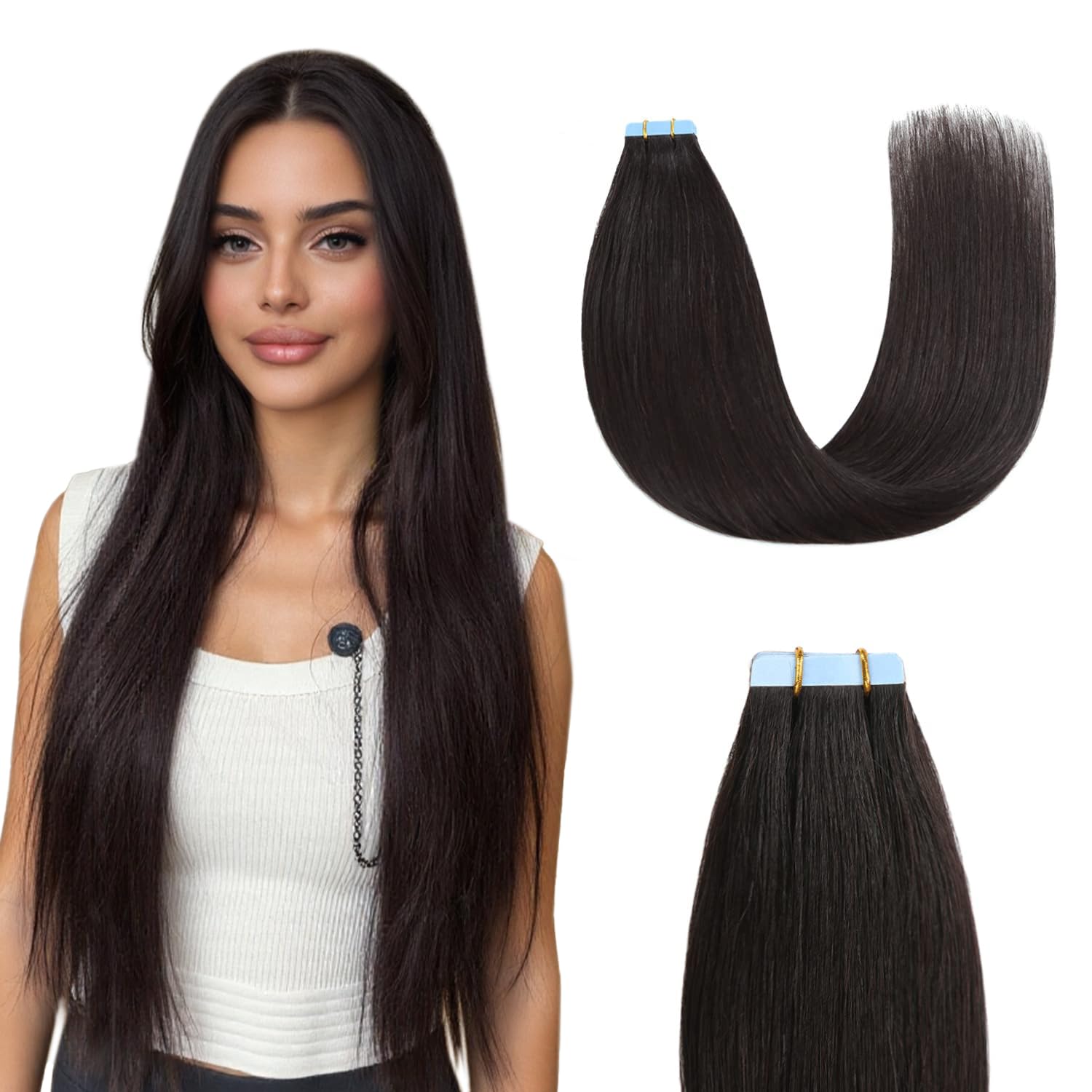 Sunya Tape Hair Extensions Human Hair Natural Black Tape In Hair Extensions Remy Human Hair Tape Extensions Invisible Skin Hair Weft Seamless 14 Inch 20pcs/Pack 40g — image 1