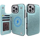 TopPerfekt Wallet Case for iPhone 16 Pro Max 6.9", Compatible with MagSafe, Wireless Charging, Drop-Resistant Leather Card Holder Kickstand Protective Cover Magnetic Phone Flip Case-Sky Blue