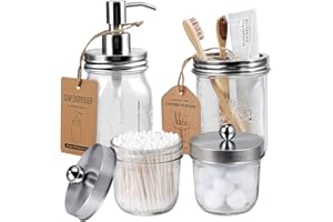 Amolliar Mason Jar Bathroom Accessories Set(4 Pack) - Lotion Soap Dispenser&Qtip Holder Set&Toothbrush Holder-Rustic Farmhouse Decor Apothecary Jar Bathroom Countertop,Vanity Organize (Brushed Nickel)