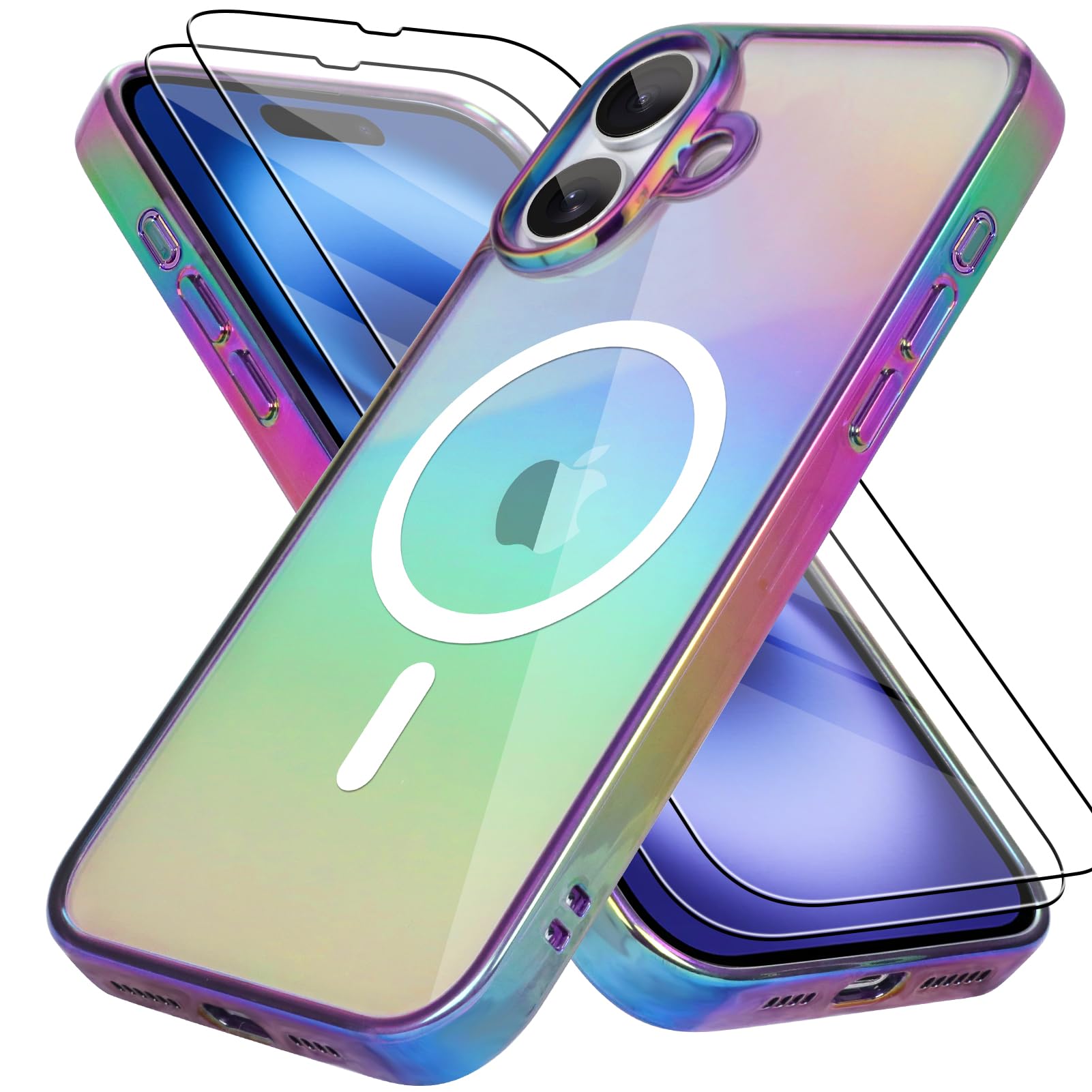 Bonoma for iPhone 16 Case Magnetic 【Support for Magsafe】 Bling Laser Iridescent Florescent Crystal Luxury Camera Protector + 2* Screen Protector Shockproof Edge Cover -Purple