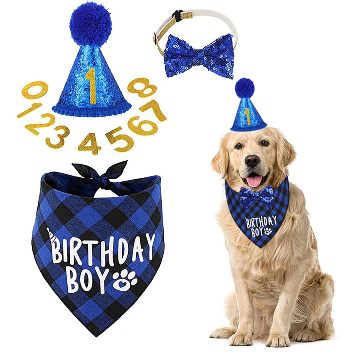 BAYINSHIDM Dog Birthday Party Supplies Bandana Dog Hat Triangle Scarf Cute Dog Bow Tie Collar (Blue)