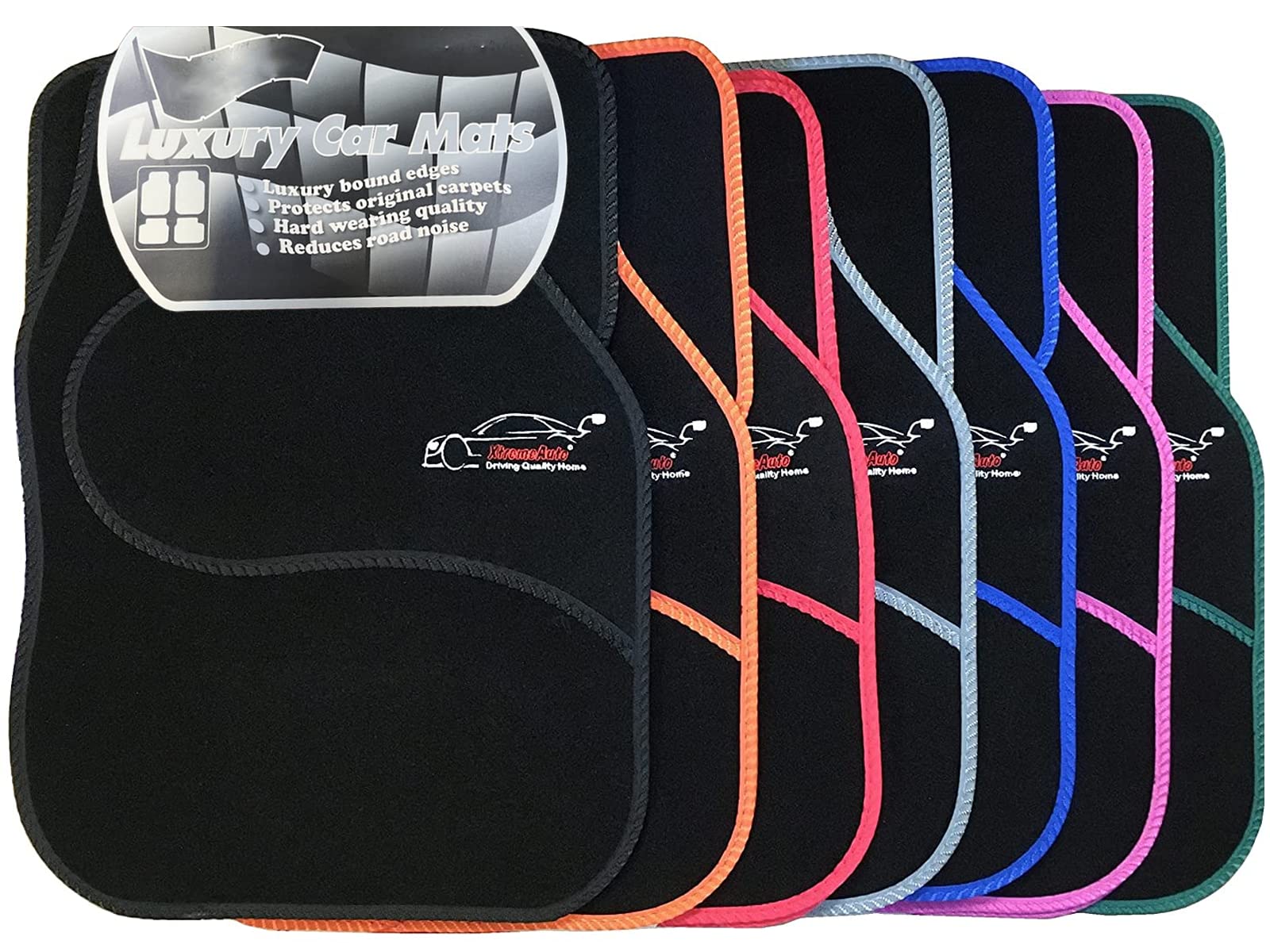 Xtremeauto Car Mats Universal 4PC Set - Sporty Carpet Car Floor Mats, Embroidered Front & Rear Universal Mat, Interior Car Matts For Cars, SUV, Truck & Van, Non Slip Backing (Black)