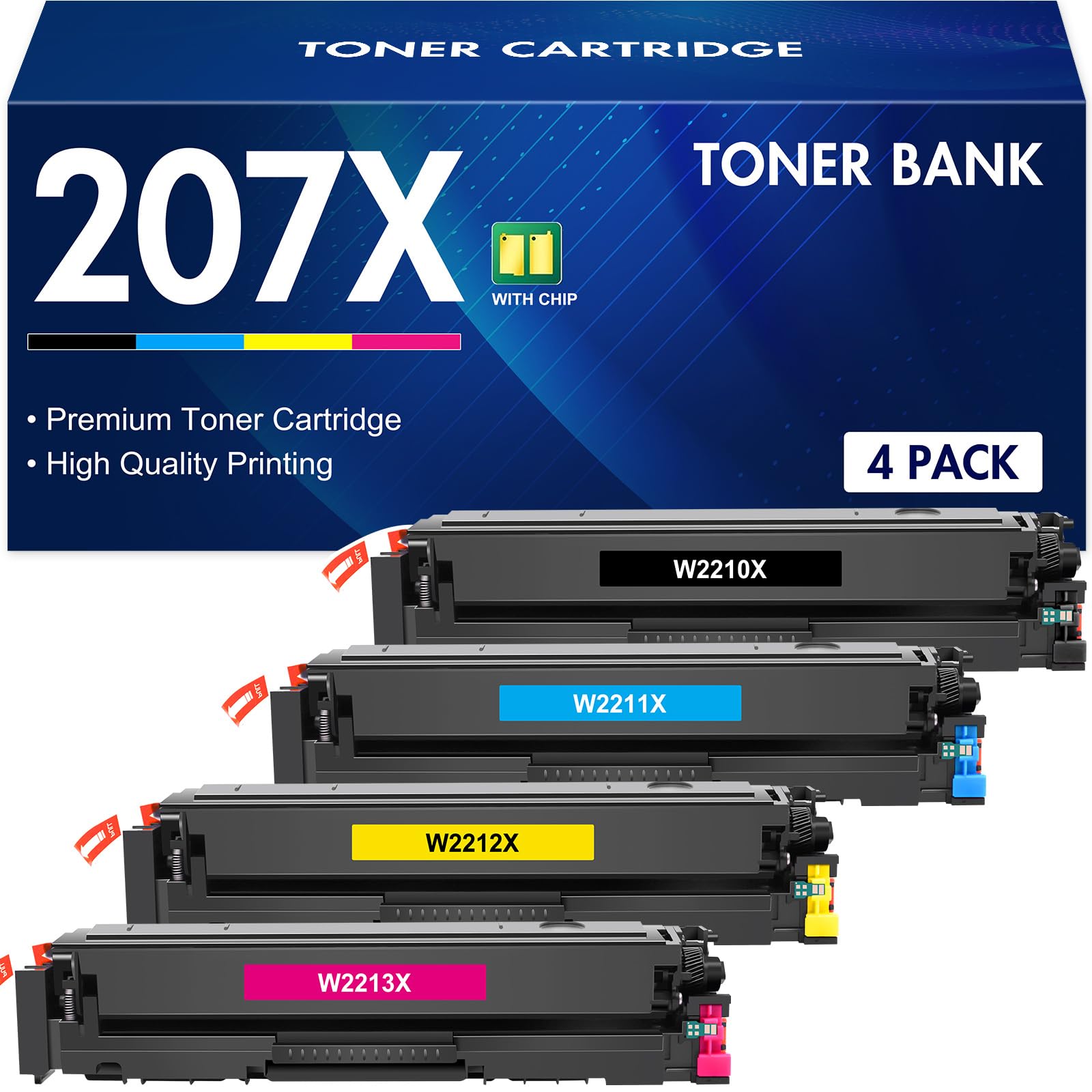 207X 207A Toner Cartridge 4 Pack (With Chip) Multipack for HP 207X Color Laserjet Pro MFP M283fdw M255dw M282nw M283fdn M255nw M283 M255 M282 W2210X W2211X W2212X W2213X - Black Cyan Yellow Magenta