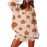 SOOKABEILA Womens Halloween Silk Pajama Set Pumpkin Bow Print Long Sleeve Button Down Shirt Shorts Y2k Holiday Sleepwear