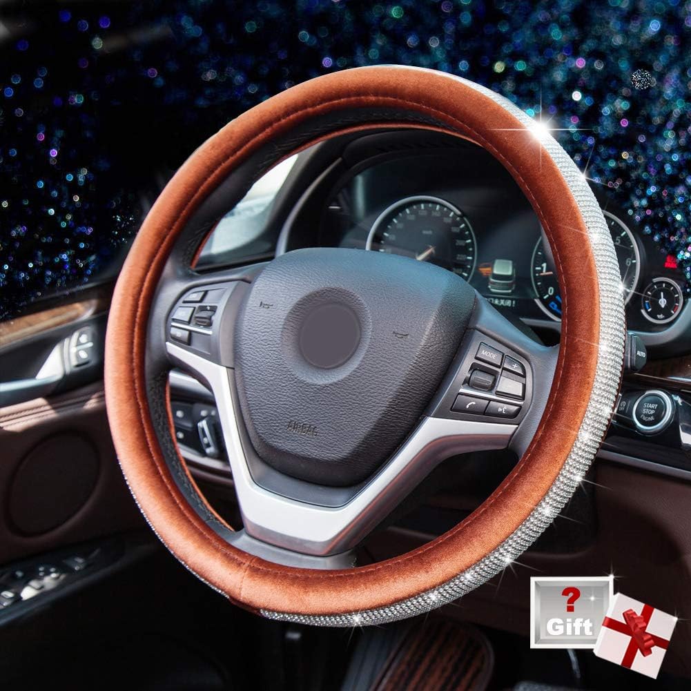 Alusbell Crystal Diamond Steering Wheel Cover Soft Velvet Feel Bling Steering Wheel Cover for Women Universal 15 inch Plush Wheel Cover for Escape Fusion Focus Accord Prius Rav4 Brown