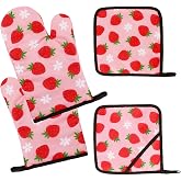 4 Pcs Strawberry Oven Mitts and Pot Holders, Heat Resistant Polyester | Additional Length Protection Wrists Design, Stable Grip, Easy to clean for Oven, Air Fryer, Cooking