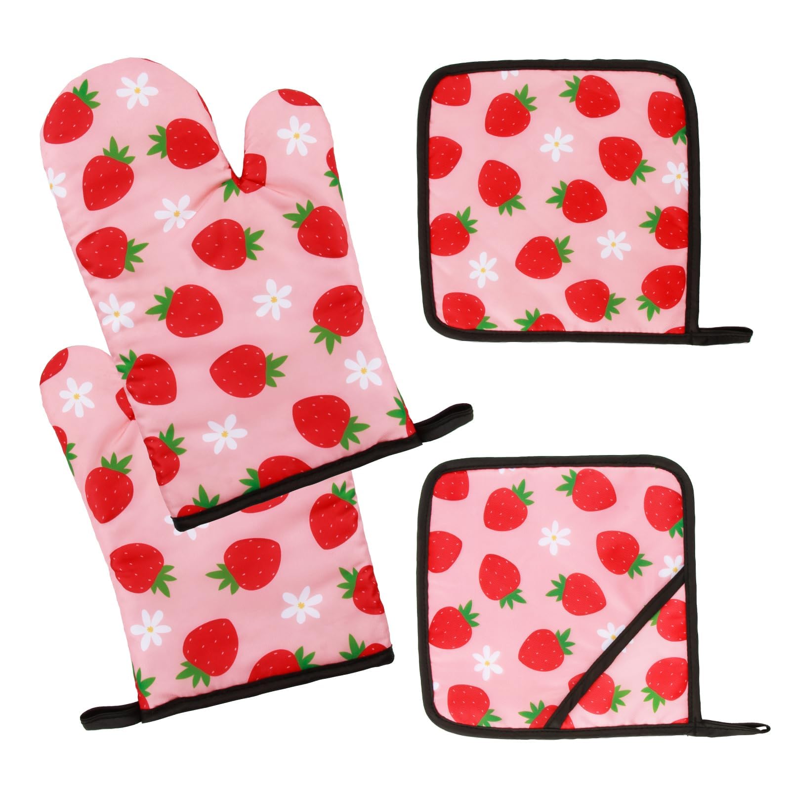 Photo 1 of 4 Pcs Strawberry Oven Mitts and Pot Holders Set, Cute Strawberry Kitchen Decor Accessories, Heat Resistant Cute Pink Oven Mitts Suiteable for Oven, Air Fryer, Microwave, BBQ, Baking & Cooking