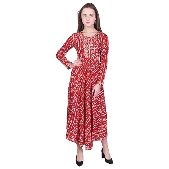 Women's Rayon Flared Bandhej Print Red Kurti (AVC49_Red)