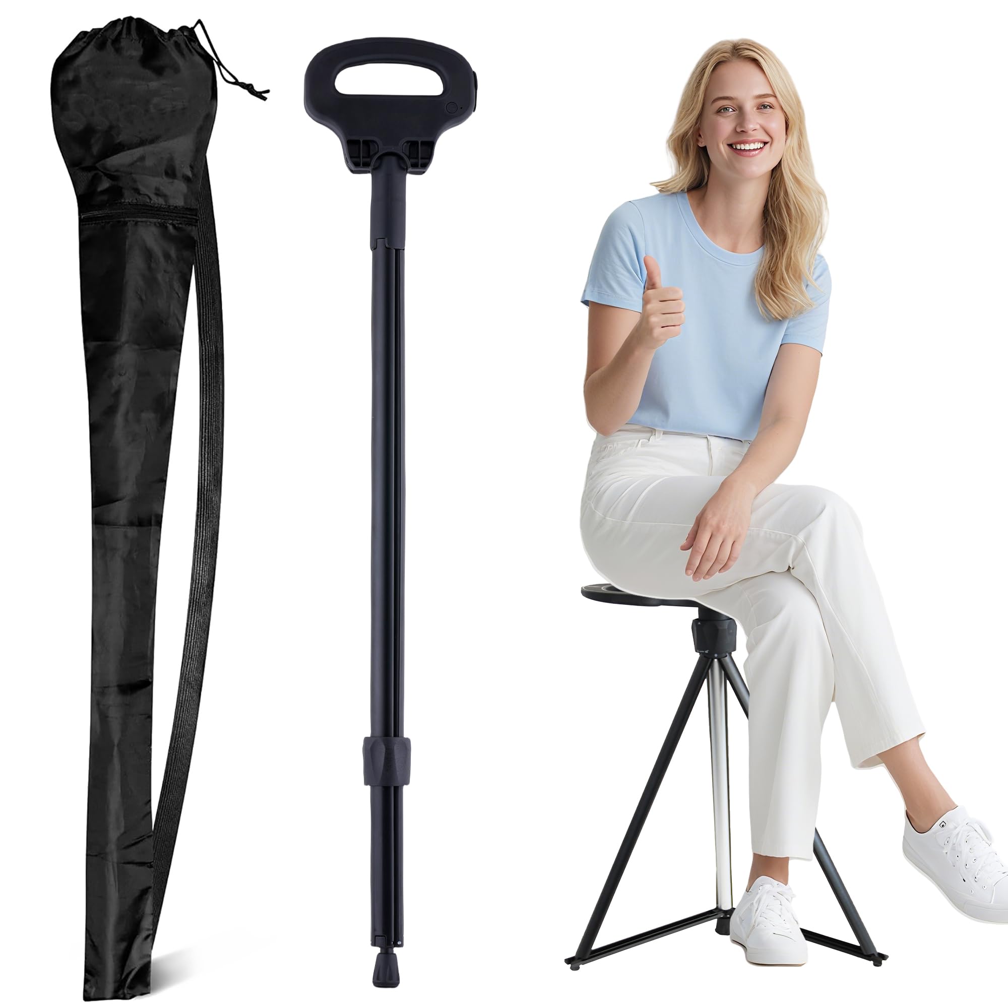 ALEVMOOM Walking Cane with Seat Folding Lightweight, 2-in-1 Cane Stool for Adults, Aluminum Walking Stick with Seat, Capacity 330lb Portable Stool for Senior, with Carry Bag-Black