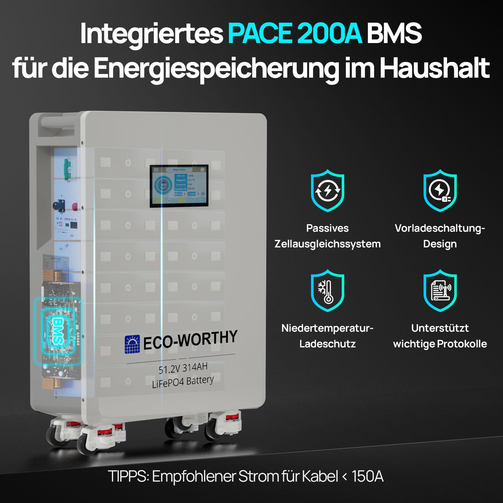 ECO-WORTHY 2PACK 48V 314Ah LiFePO4 Batterie 32,2kWh Stromspeicher und Leistungsschaltern 200A PACE BMS RS485/CAN/RS232 mit Bluetooth WLAN für Notstromversorgung zu Hause Netzunabhängige Solaranlagen 4