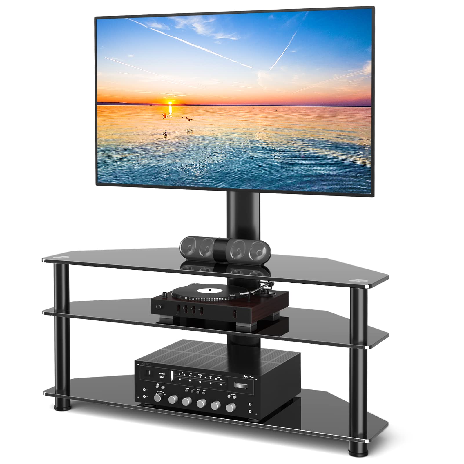TAVR Furniture Swivel Floor TV Stand with Table for 32-70 Inch TVs, Universal Height Adjustable TV Floor Stand with Large Storage Shelves, Strong Corner TV Stand Mount Holds up to 88lbs, Black