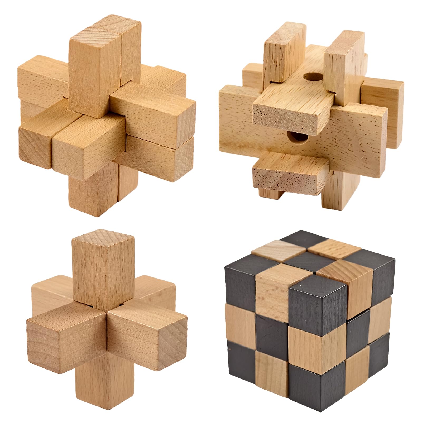 Holzsammlung Brain Teaser Puzzle, Wooden Puzzle Set IQ Test Mind Game Toys, Set of 4 Logic Geometric Jigsaw 3D Puzzle Educational Skill Building Blocks Intelligence Challenging Puzzles for Kids Adults