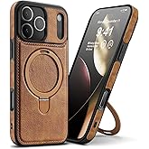 Clatoxi Magnetic Leather Case for iPhone 17 Pro Max with Built-in Invisible Magnetic Stand [Compatible with Wireless Charging] Luxury Slim Kickstand Protective Cover for iPhone 17 Pro Max (Brown)