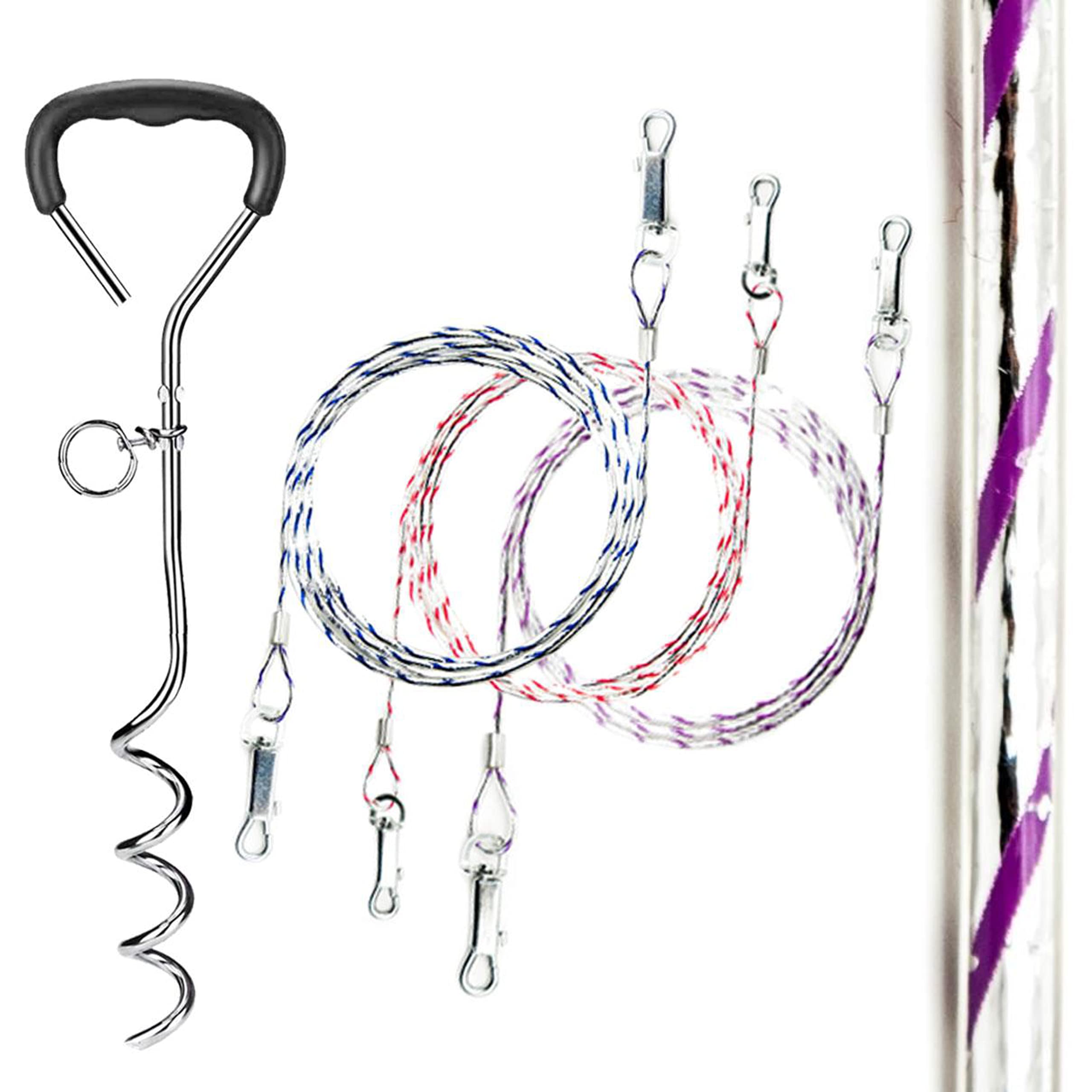 2x 1.5m REFLECTIVE Dog Chains for Outside, Tie-Out Cable Tether – with Steel Spiral Heavy Duty Ground Spike Stake (45cm) – Outdoor Dogs Accessories, Lead, Hook (Black, Reflective)