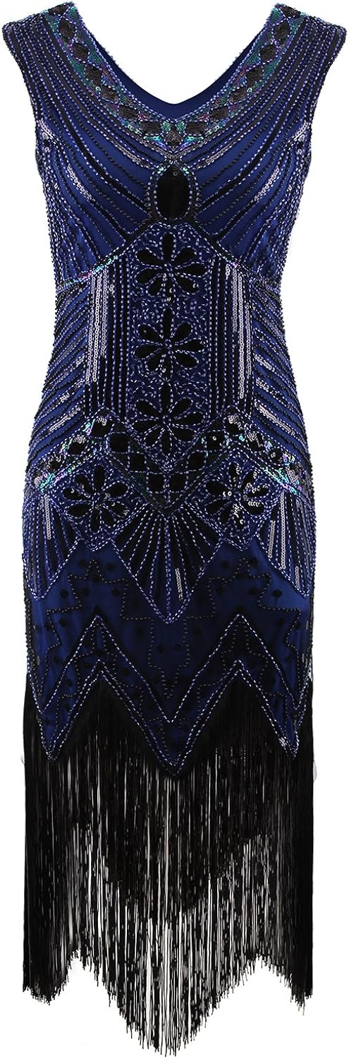 Vijiv Women 1920s Gastby Sequin Art Nouveau Embellished Fringed Flapper Dress
