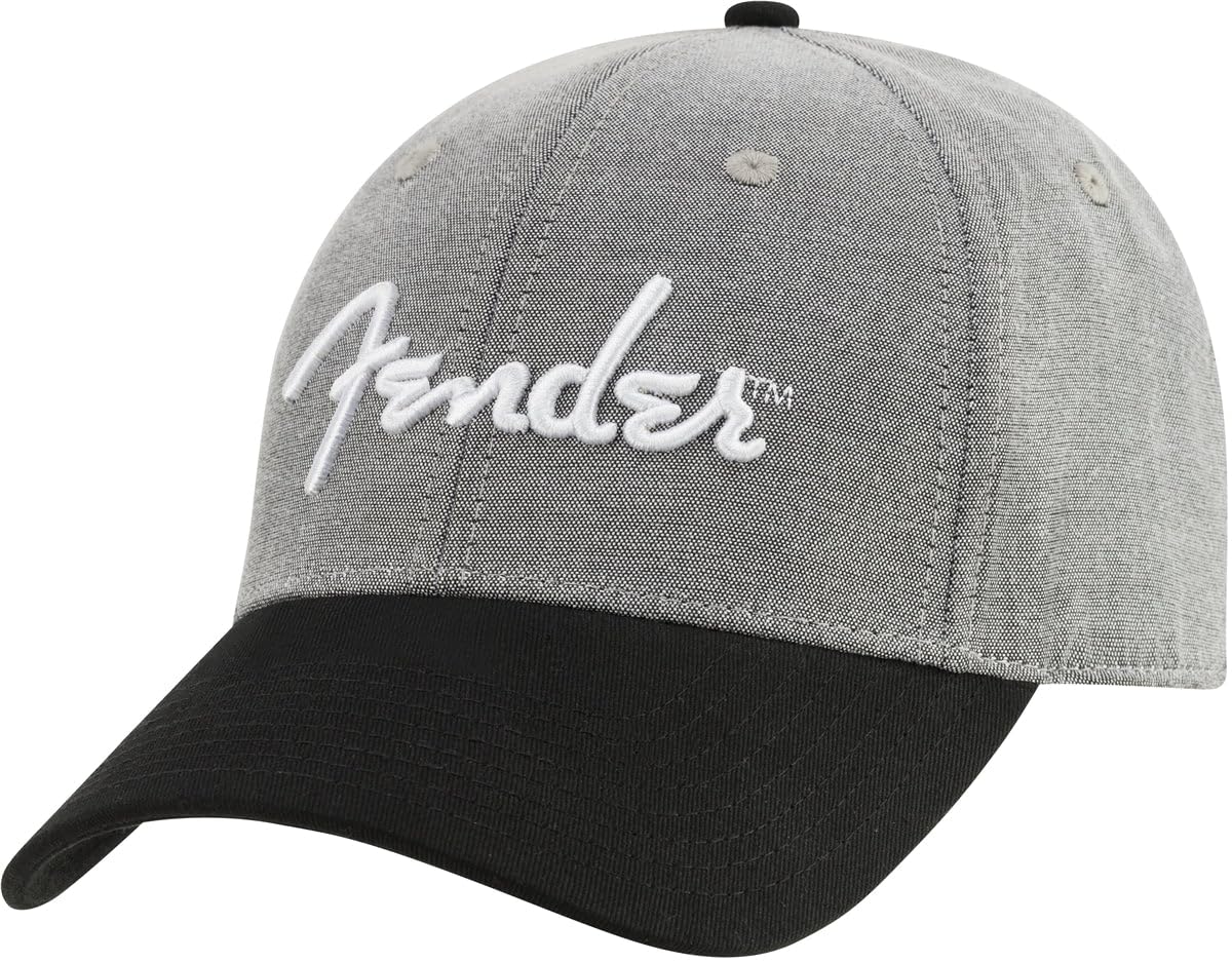 Fender Hipster Dad Hat, Gray and Black, Spaghetti Logo, Adjustable Gift for Music Lovers, One Size