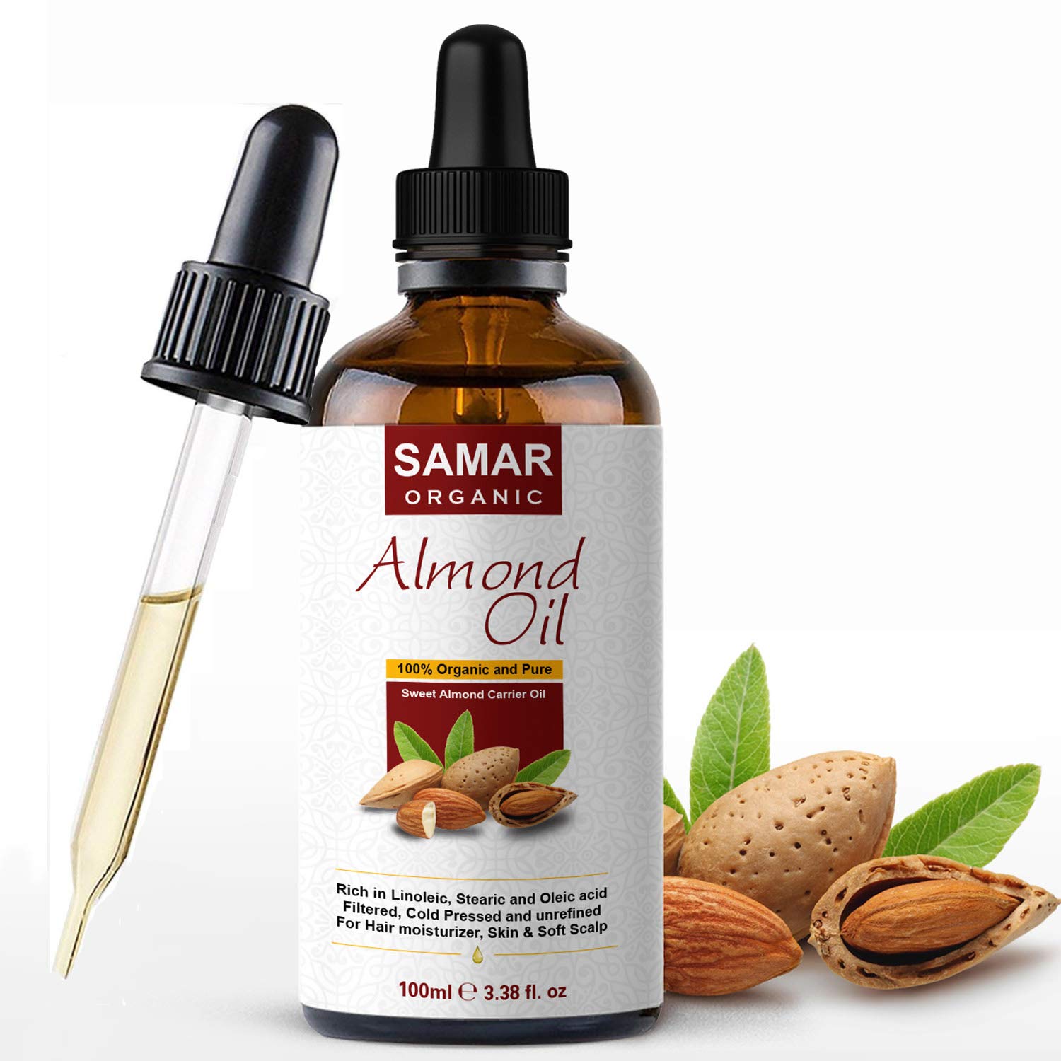 Almond Oil - Premium Quality 100% Pure and Certified Organic Sweet Almond Oil, Cold Pressed, Unrefined, Non-GMO. Ideal for Natural Hair Growth, Face Moisturizer, Makeup Remover and Body Massage 100ml