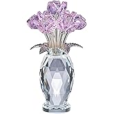 Crystal Pink Rose Flower Glass Flowers Decoration Birthday Gifts for Women Girl Wife Girlfriend Daughter Christmas Ornament Bouquet Collectible for Valentine's Day Wedding Anniversary (Pink Rose)