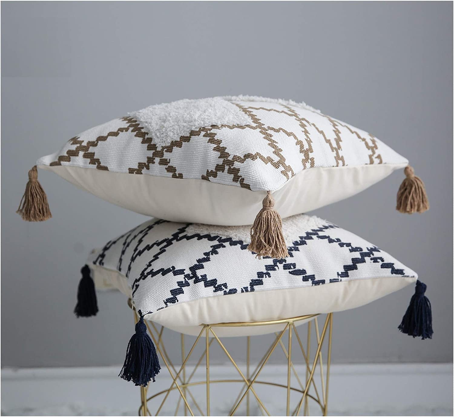 Modern Homes (Set of 2) Decorative Tufted Throw Pillow Covers for Couch Sofa - Boho Moroccan Style Cushion Covers with Tassels, Accent Decor Pillow for Bedroom Living Room (Grey, 16x16 inch)