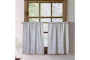 OINDEC Faux Linen Kitchen Curtains 24 Inch Length Cafe Curtain Tiers for Living Room Basement Bathroom Windows Country Rustic Small Short Curtains, Set of 2, Grey