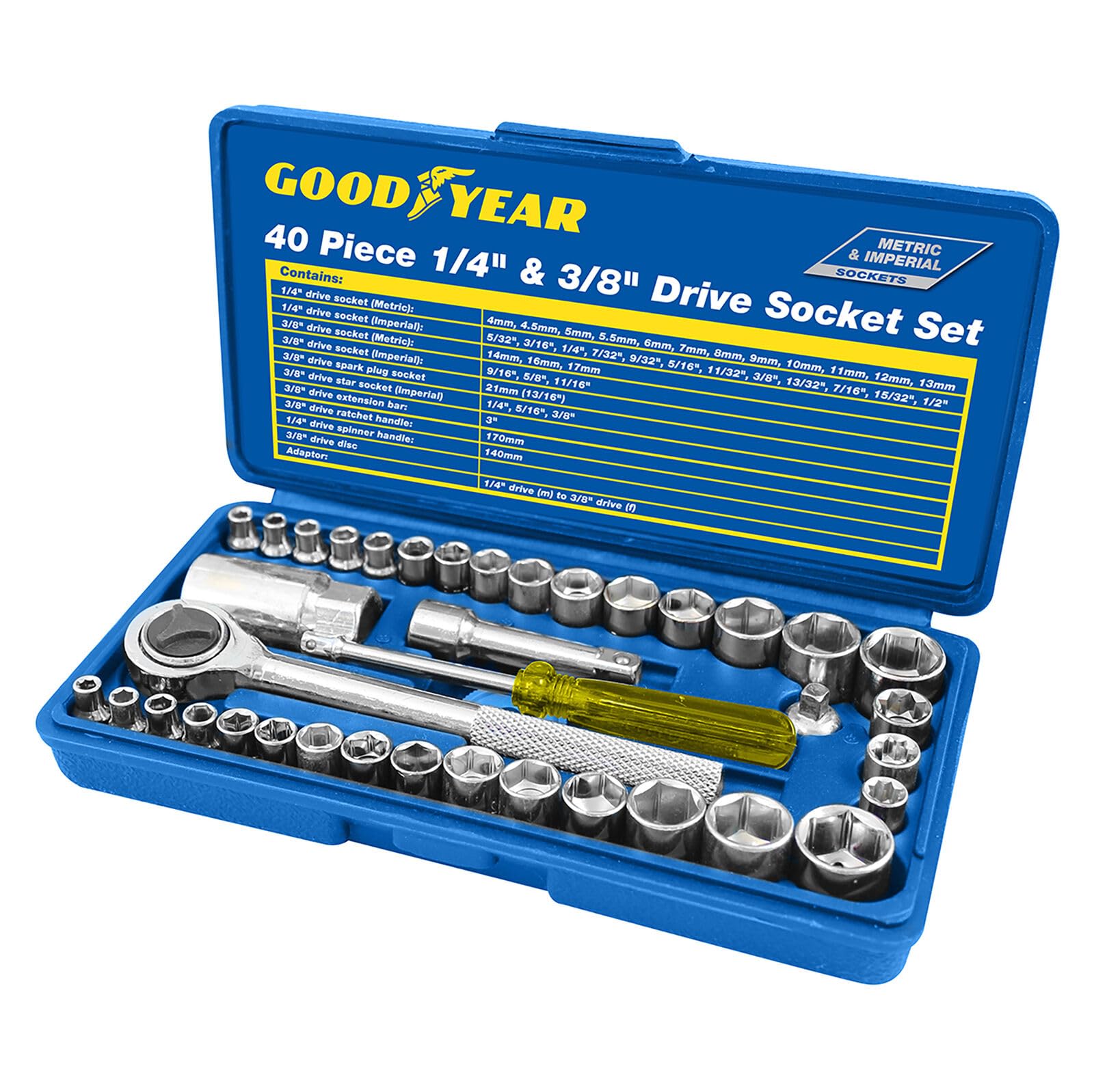 Goodyear 40 Pieces Socket Driver Set with 1/4" & 3/8" Sockets Metric Imperial Ratchet Bolts Spark