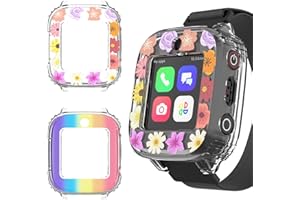 POZCIS 2 Pack Edge Protector Compatible with Cosmo JrTrack 3 & JrTrack 4 Kids Smartwatch, Soft TPU Material Cute Protective Case Cover Accessories for Kids Boys Girls(Rainbow+Flower)