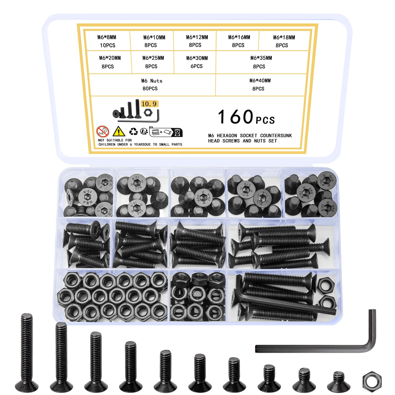 Ewwtrey 160 Pcs M6 Screws Set, Countersunk Hex Socket Head Cap Screws and Nuts Set, M4 Bolts and Nuts Assortment, Hexagonal Flat Head Machine Screw, with Wrench