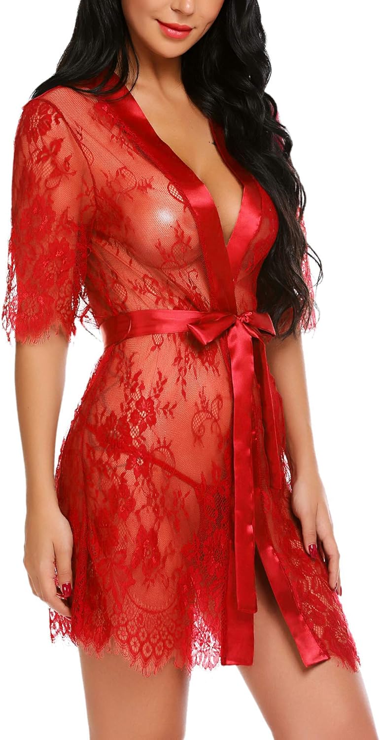 Avidlove Women Kimono Robe Floral Lace Babydoll Lingerie Sheer Mesh Nightgown at  Women’s Clothing store