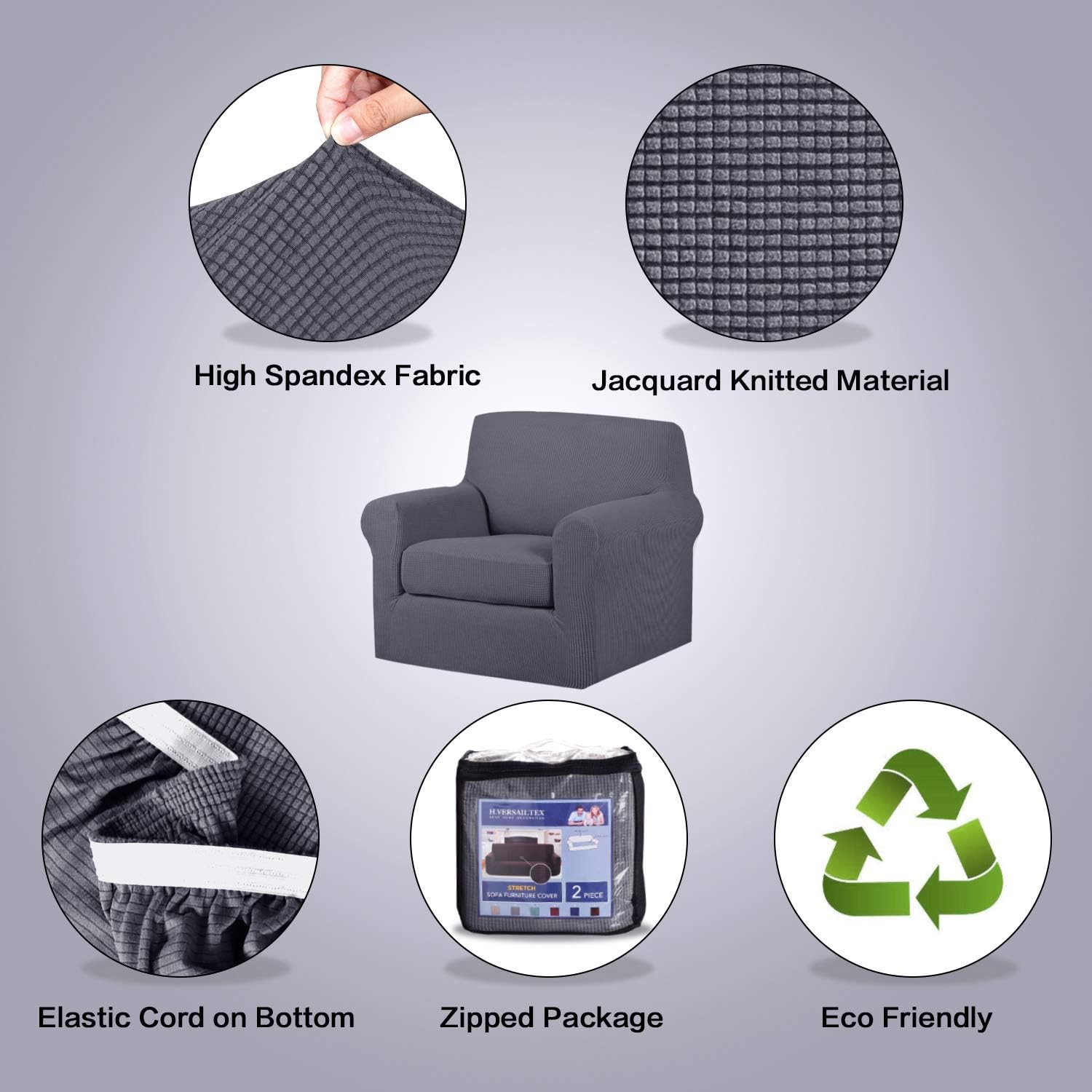 2 Piece T Cushion Chair Cover Stretch Furniture Cover / Armchair Protector for Chair Width Up to 48 Inches, High Spandex Stylish Slipcover Machine Washable (Chair, Gray): Kitchen & Dining