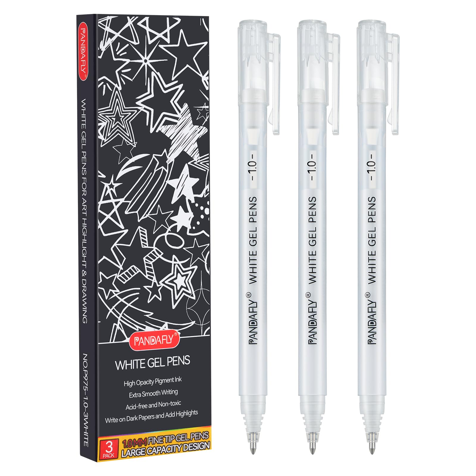 Photo 1 of PANDAFLY White Gel Pens, 1mm Fine Point Opaque Archival Ink Pen for Journaling, Art, or Drawing - For Artist Gifts, Holiday Gifts & DIY Projects, 3 Pack