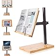 Book Stand Height Adjustable Large Size, wishacc Bamboo Upright Book Stand with Page Clips for Reading Hands Free for Kitchen Office and School