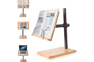 Book Stand Height Adjustable Large Size, wishacc Bamboo Upright Book Stand with Page Clips for Reading Hands Free for Kitchen Office and School