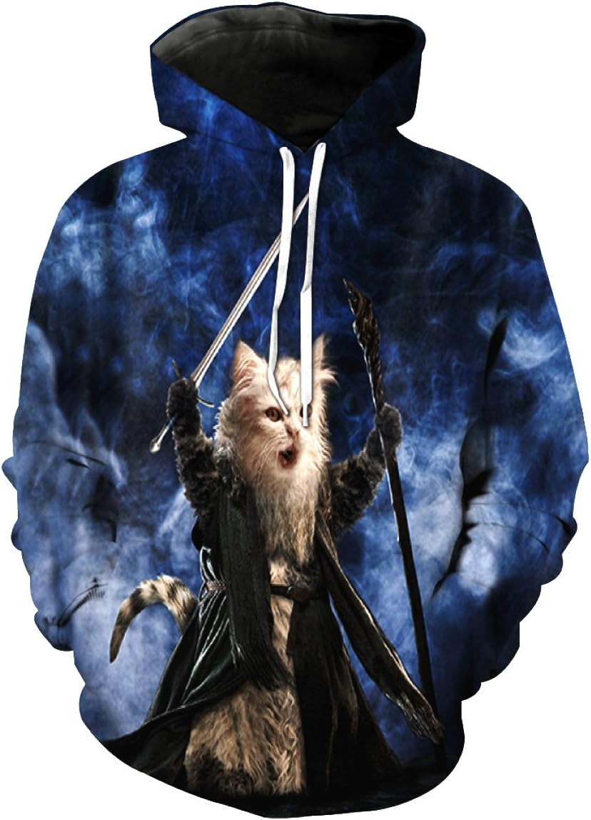 SHRJJ Men and Women Lovers Loose Large Size Street Style HD Print Magic Pussycat Pattern Hooded Sweater Hoodies Pullovers Sweaters Baseball Clothing