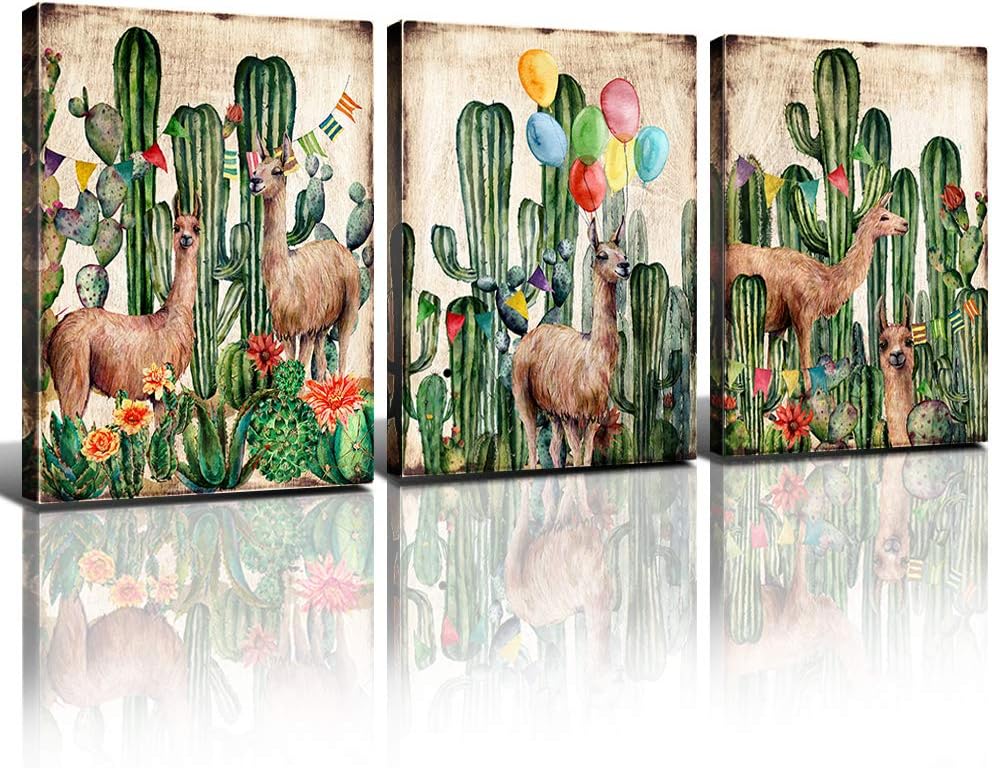 Watercolor Tropical Plant Desert Canvas Wall Art Decor Cactus Print Pictures for Girl's Bedroom Bathroom 20x28 Inch 3 Panels Spiny Flower Alpaca Balloon Bunting Painting Gift Office Home Decoration