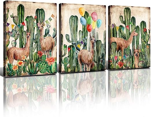 Amazon Com Watercolor Tropical Plant Desert Canvas Wall Art Decor Cactus Print Pictures For Girl S Bedroom Bathroom 16x24 Inch 3 Panels Spiny Flower Alpaca Balloon Bunting Painting Gift Office Home Decoration Home
