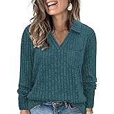 VISLILY Womens-Plus-Size-Tops Collared V Neck Polo Shirts Lightweight Long Sleeve Sweaters Trendy Pocket Decor Tunic Blouses